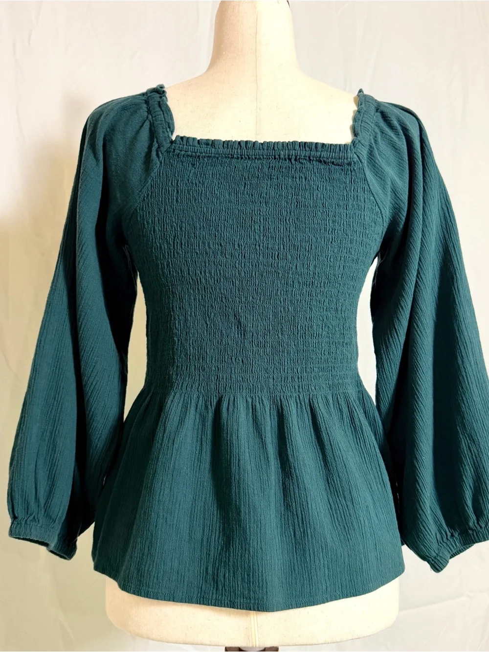 Madewell‎ Teal Smocked Square-Neck Peplum Blouse prairie, boho, whimsical
